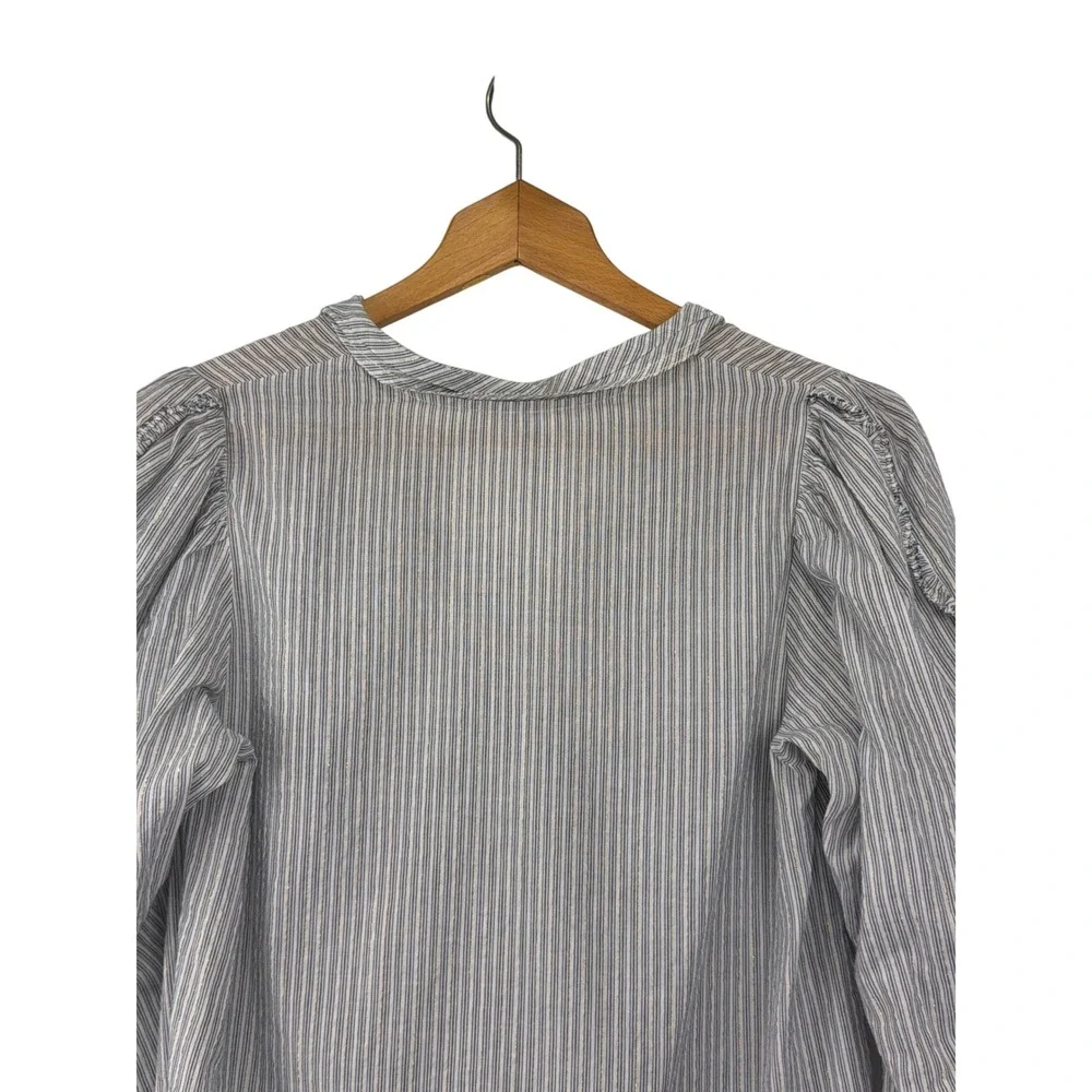 Ulla Johnson Striped Tie Neck Blouse Blue White‎ Gold Lurex Ruffle Sleeve Size 2